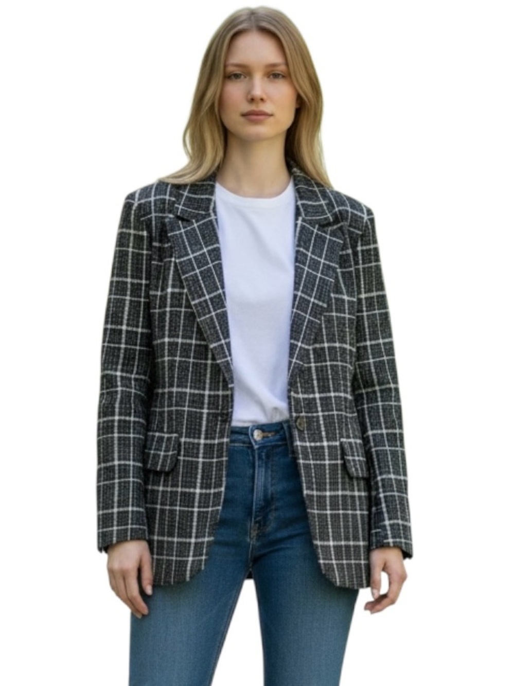 We The Free Bowie Blazer Free People Women’s M Black Gray Houndstooth Oversized